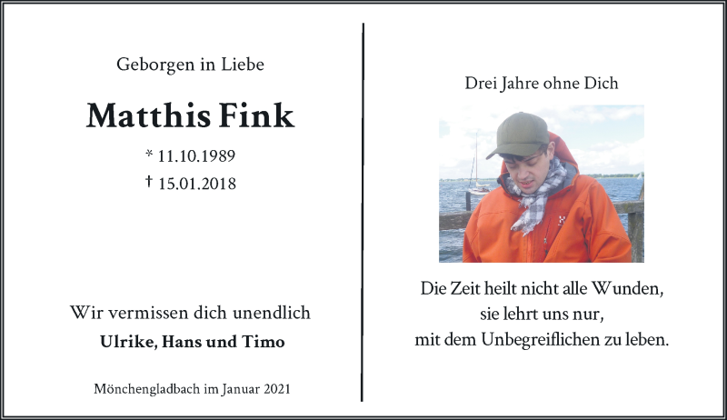  Traueranzeige für Matthis Fink vom 16.01.2021 aus Rheinische Post
