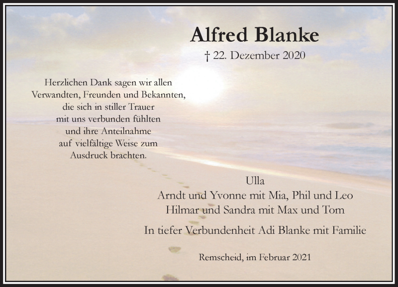  Traueranzeige für Alfred Blanke vom 06.02.2021 aus Rheinische Post
