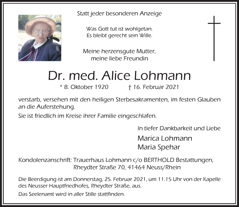  Traueranzeige für Alice Lohmann vom 20.02.2021 aus Rheinische Post