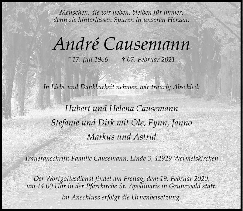  Traueranzeige für Andre Causemann vom 13.02.2021 aus Rheinische Post