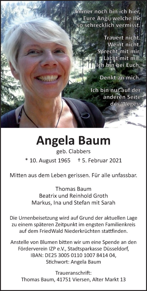  Traueranzeige für Angela Baum vom 13.02.2021 aus Rheinische Post