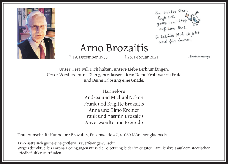  Traueranzeige für Arno Brozaitis vom 27.02.2021 aus Rheinische Post