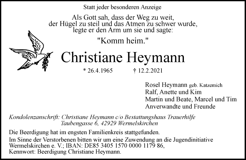  Traueranzeige für Christiane Heymann vom 20.02.2021 aus Rheinische Post
