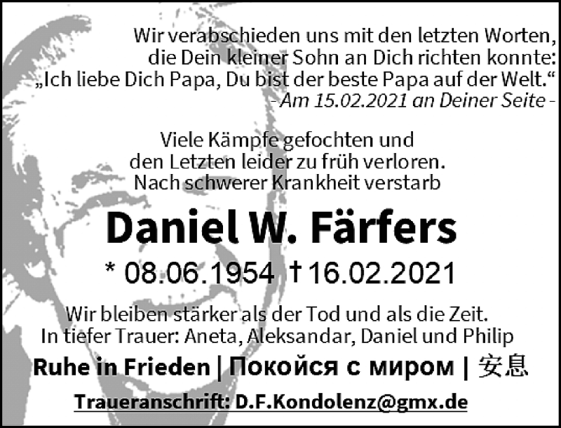  Traueranzeige für Daniel W. Färfers vom 20.02.2021 aus Rheinische Post
