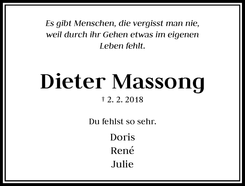  Traueranzeige für Dieter Massong vom 02.02.2021 aus Rheinische Post