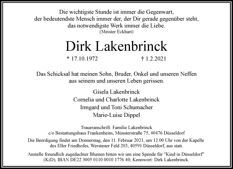  Traueranzeige für Dirk Lakenbrinck vom 06.02.2021 aus Rheinische Post
