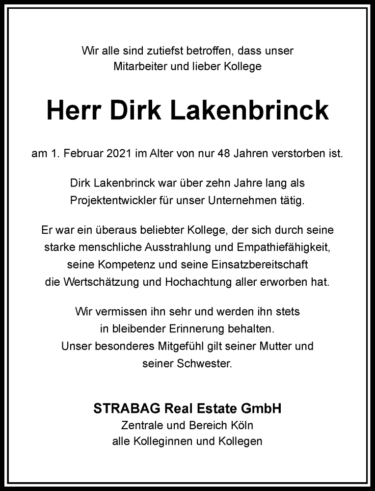  Traueranzeige für Dirk Lakenbrinck vom 06.02.2021 aus Rheinische Post