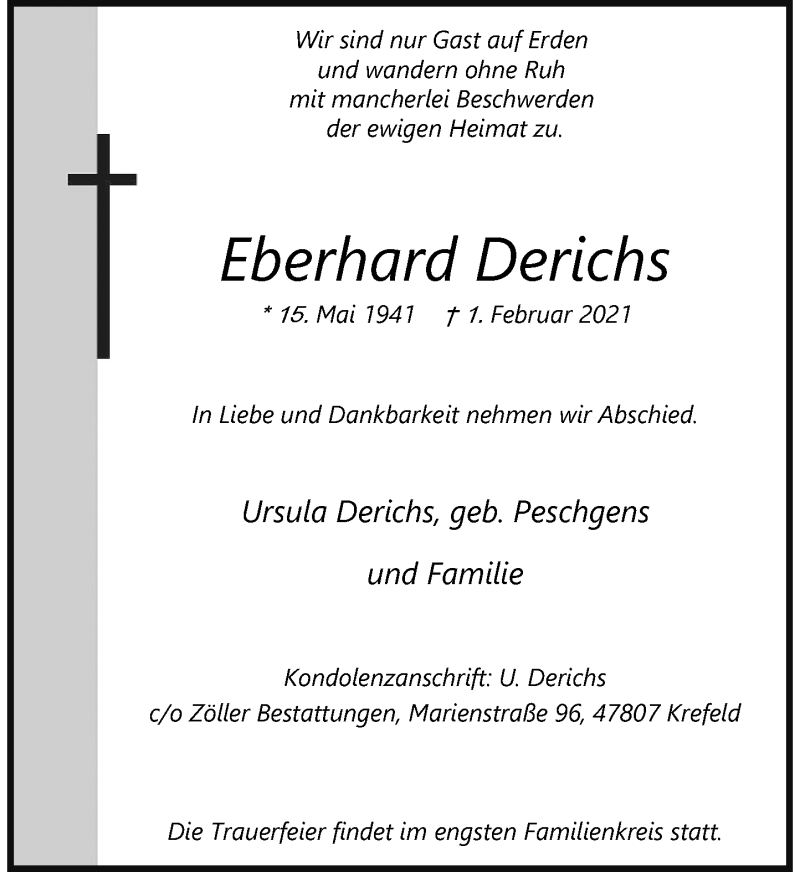 Traueranzeige für Eberhard Derichs vom 13.02.2021 aus Rheinische Post