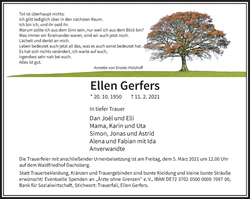  Traueranzeige für Ellen Gerfers vom 27.02.2021 aus Rheinische Post