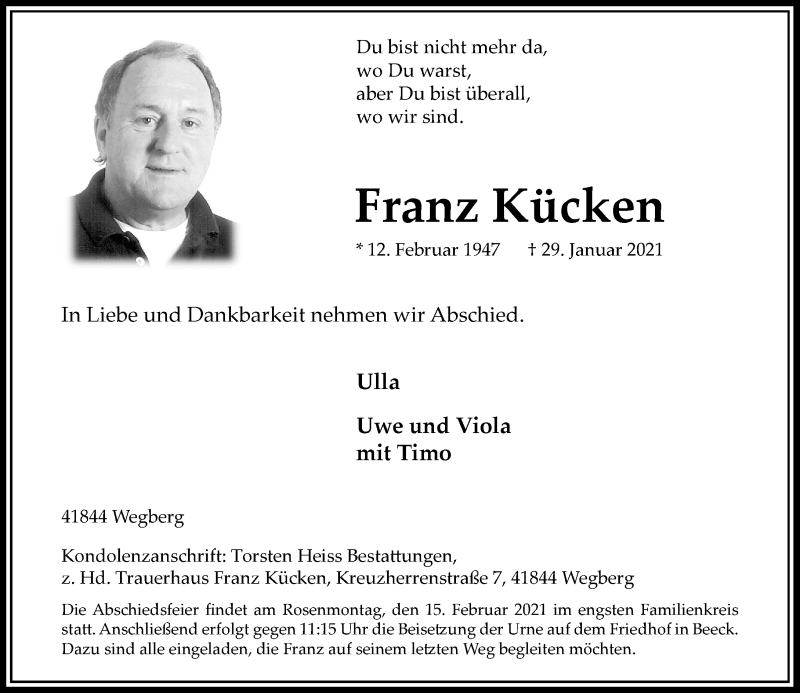  Traueranzeige für Franz Kücken vom 06.02.2021 aus Rheinische Post