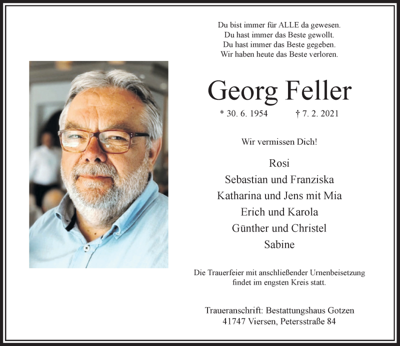  Traueranzeige für Georg Feller vom 13.02.2021 aus Rheinische Post