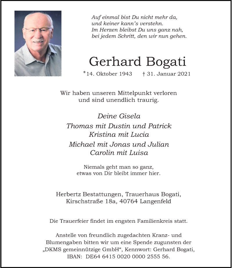  Traueranzeige für Gerhard Bogati vom 06.02.2021 aus Rheinische Post