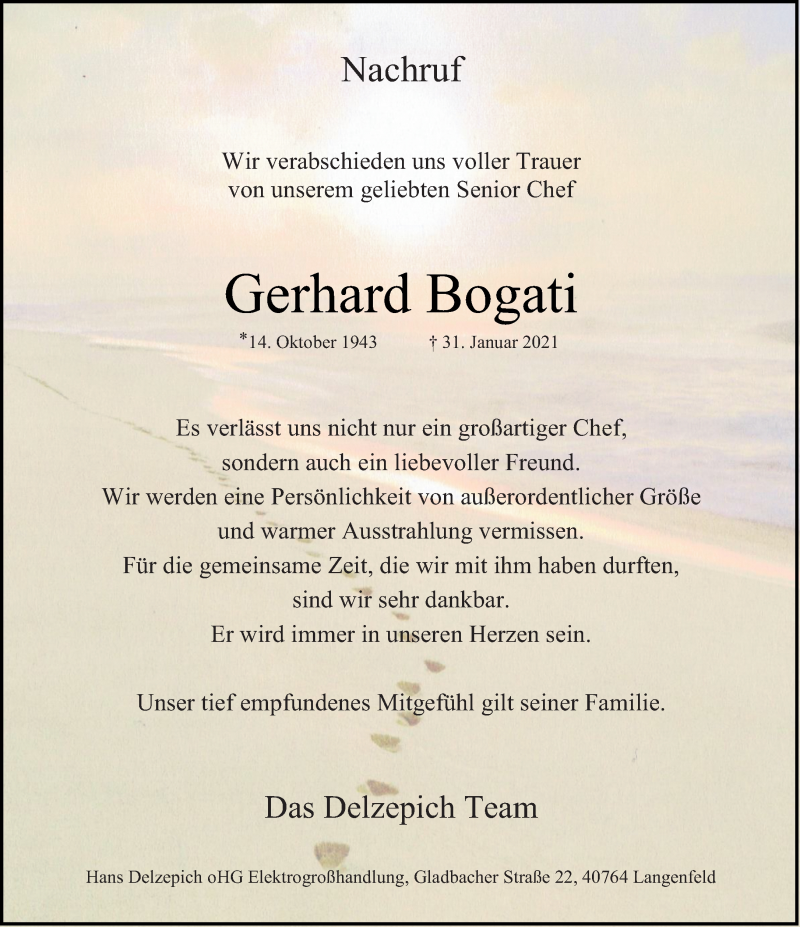  Traueranzeige für Gerhard Bogati vom 06.02.2021 aus Rheinische Post