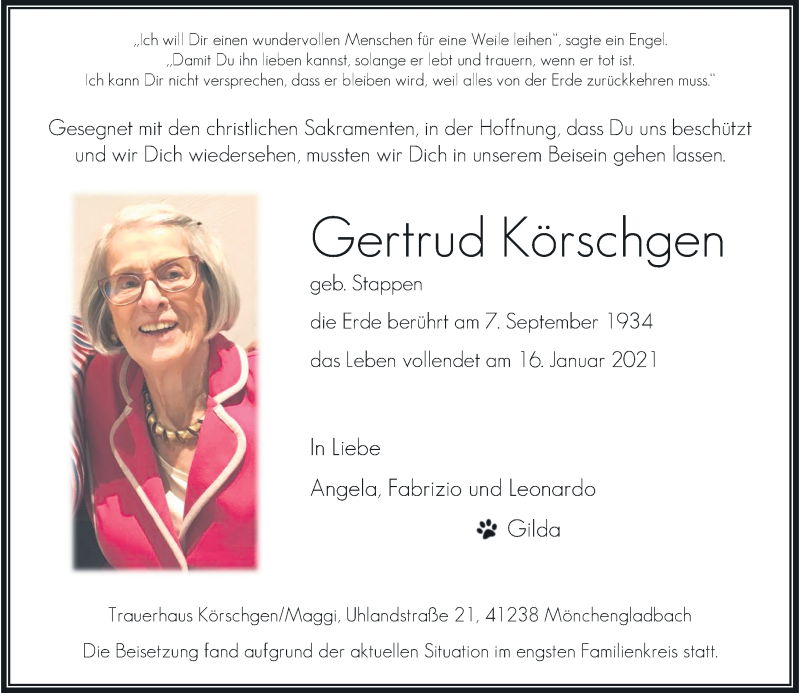  Traueranzeige für Gertrud Körschgen vom 06.02.2021 aus Rheinische Post