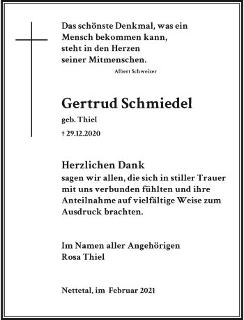 Traueranzeige von Gertrud Schmiedel von Rheinische Post