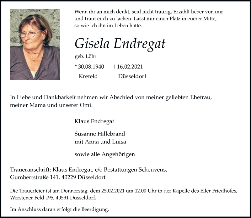  Traueranzeige für Gisela Endregat vom 20.02.2021 aus Rheinische Post