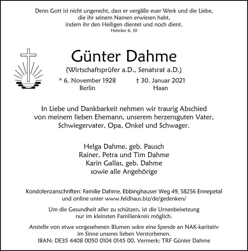  Traueranzeige für Günter Dahme vom 13.02.2021 aus Rheinische Post