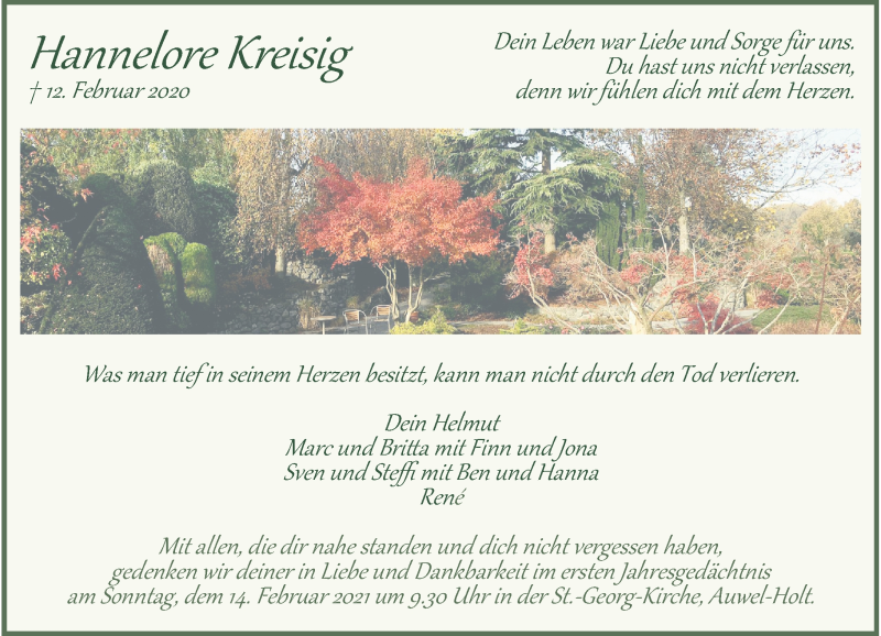  Traueranzeige für Hannelore Kreisig vom 06.02.2021 aus Rheinische Post