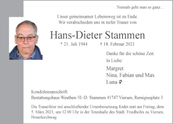 Traueranzeige von Hans-Dieter Stammen von Rheinische Post