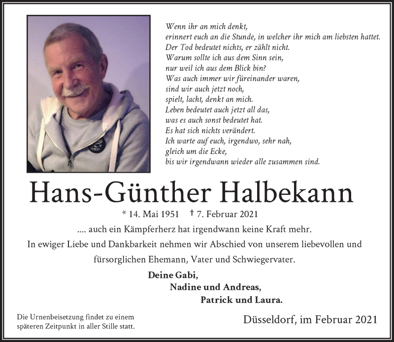 Traueranzeige für Hans-Günther Halbekann vom 13.02.2021 aus Rheinische Post