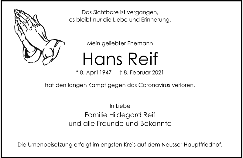  Traueranzeige für Hans Reif vom 20.02.2021 aus Rheinische Post