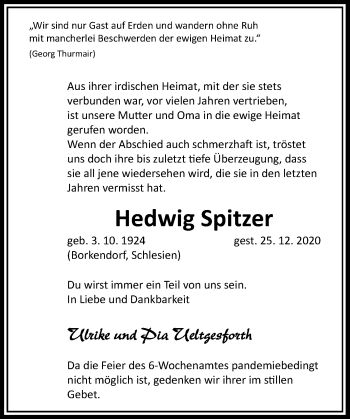 Traueranzeige von Hedwig Spitzer von Rheinische Post