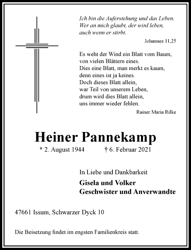  Traueranzeige für Heiner Pannekamp vom 13.02.2021 aus Rheinische Post
