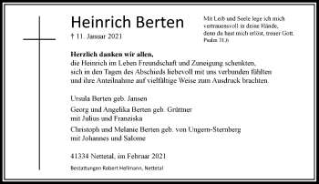 Traueranzeige von Heinrich Berten von Rheinische Post