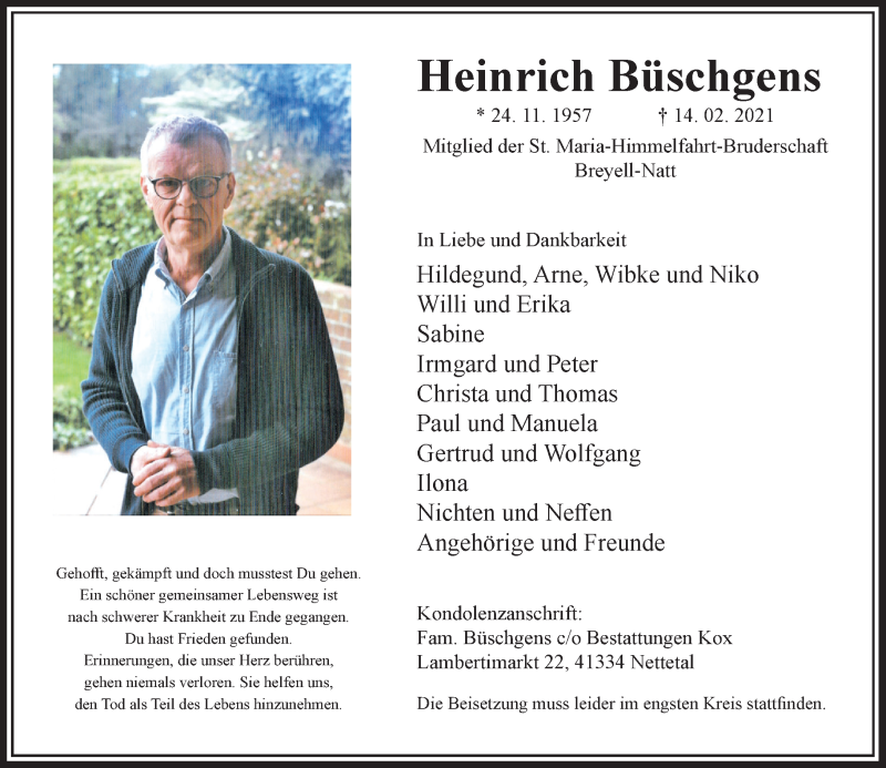  Traueranzeige für Heinrich Büschgens vom 17.02.2021 aus Rheinische Post