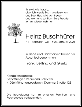 Traueranzeige von Heinz Buschhüter von Rheinische Post