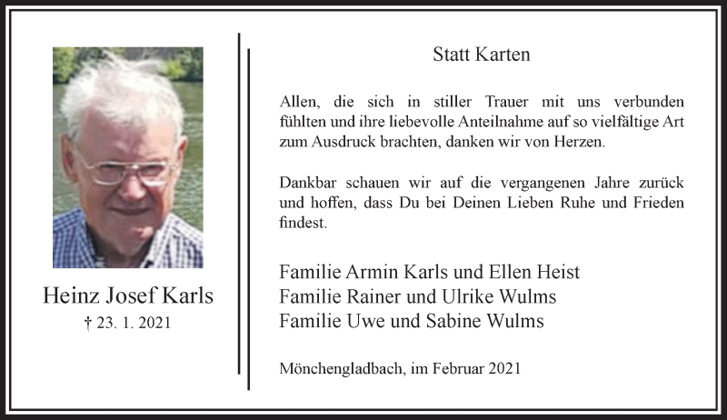  Traueranzeige für Heinz Josef Karls vom 27.02.2021 aus Rheinische Post