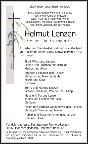 Traueranzeige von Helmut Lenzen von Rheinische Post