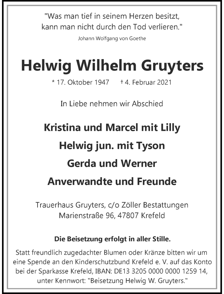  Traueranzeige für Helwig Wilhelm Gruyters vom 13.02.2021 aus Rheinische Post