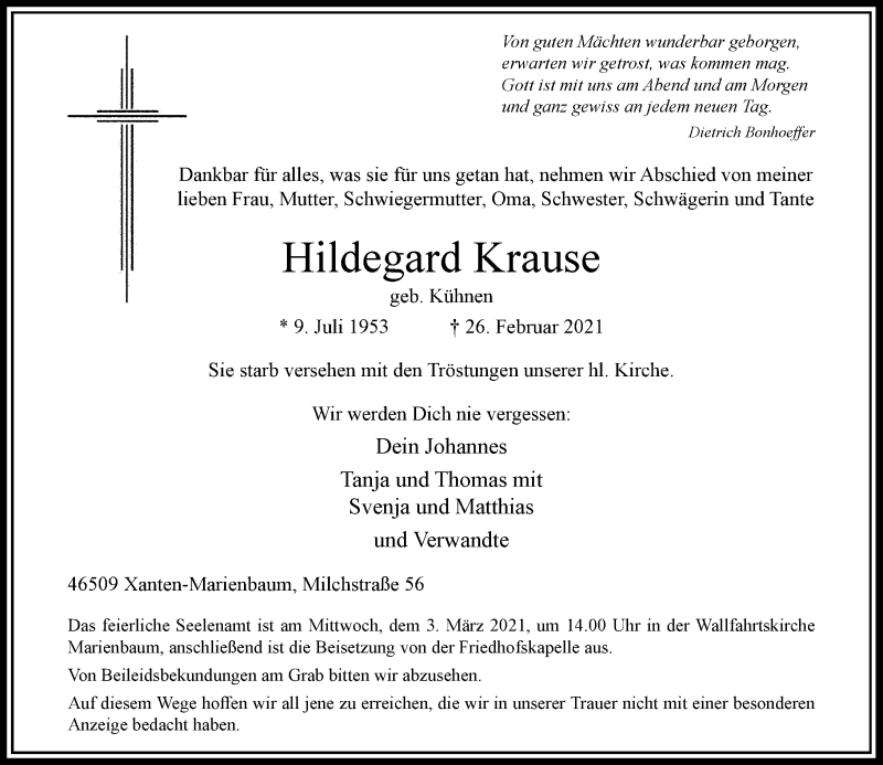  Traueranzeige für Hildegard Krause vom 27.02.2021 aus Rheinische Post