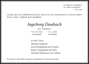 Traueranzeige von Ingeborg Daubach von Rheinische Post