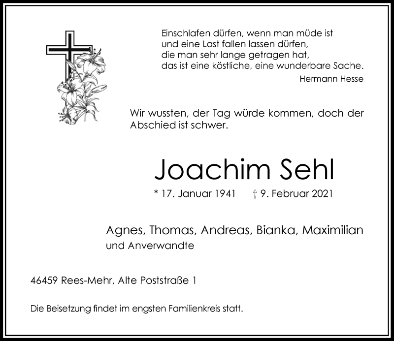  Traueranzeige für Joachim Sehl vom 11.02.2021 aus Rheinische Post