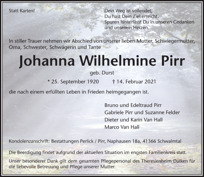  Traueranzeige für Johanna Wilhelmine Pirr vom 23.02.2021 aus Rheinische Post