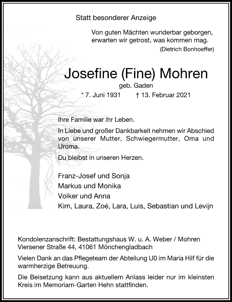  Traueranzeige für Josefine Mohren vom 20.02.2021 aus Rheinische Post