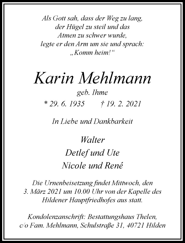  Traueranzeige für Karin Mehlmann vom 27.02.2021 aus Rheinische Post