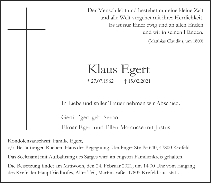  Traueranzeige für Klaus Egert vom 20.02.2021 aus Rheinische Post