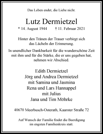 Traueranzeige von Lutz Dermietzel von Rheinische Post