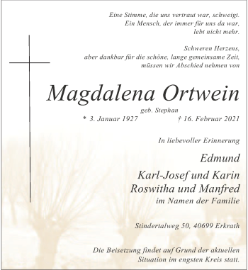 Traueranzeige von Magdalena Ortwein von Rheinische Post