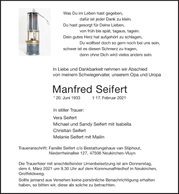 Traueranzeige von Manfred Seifert von Rheinische Post