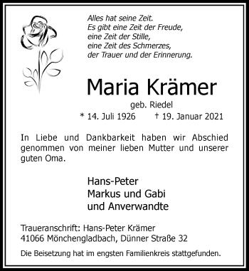 Traueranzeige von Maria Krämer von Rheinische Post