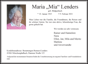 Traueranzeige von Maria Lenders von Rheinische Post