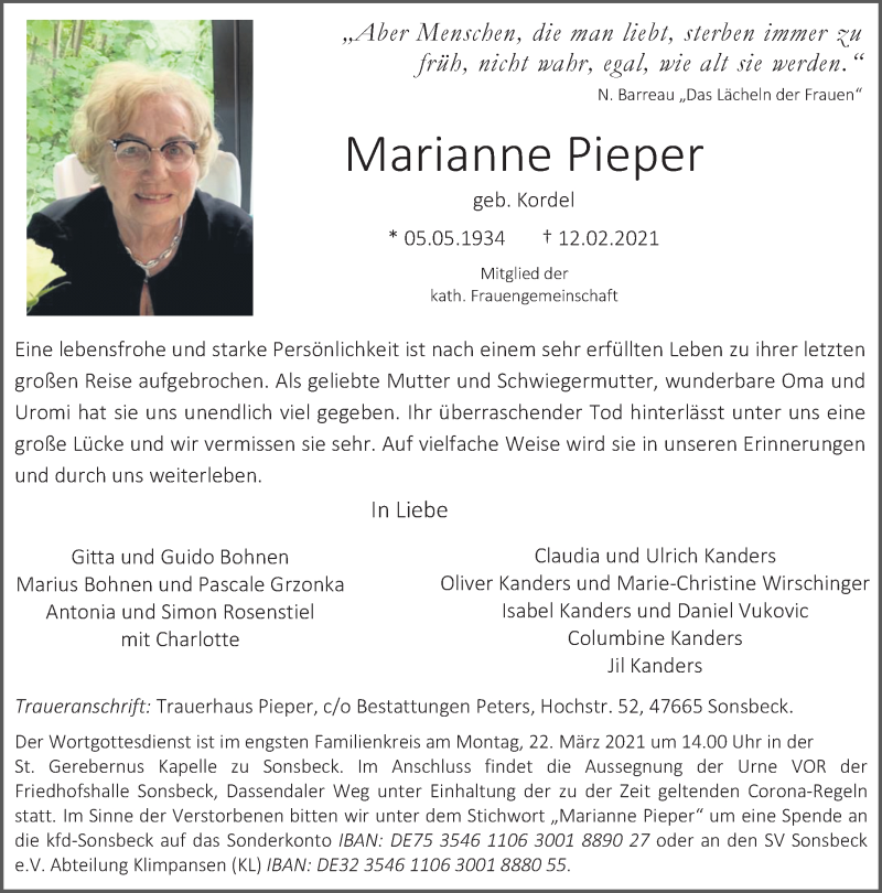 Traueranzeige für Marianne Pieper vom 20.02.2021 aus Rheinische Post