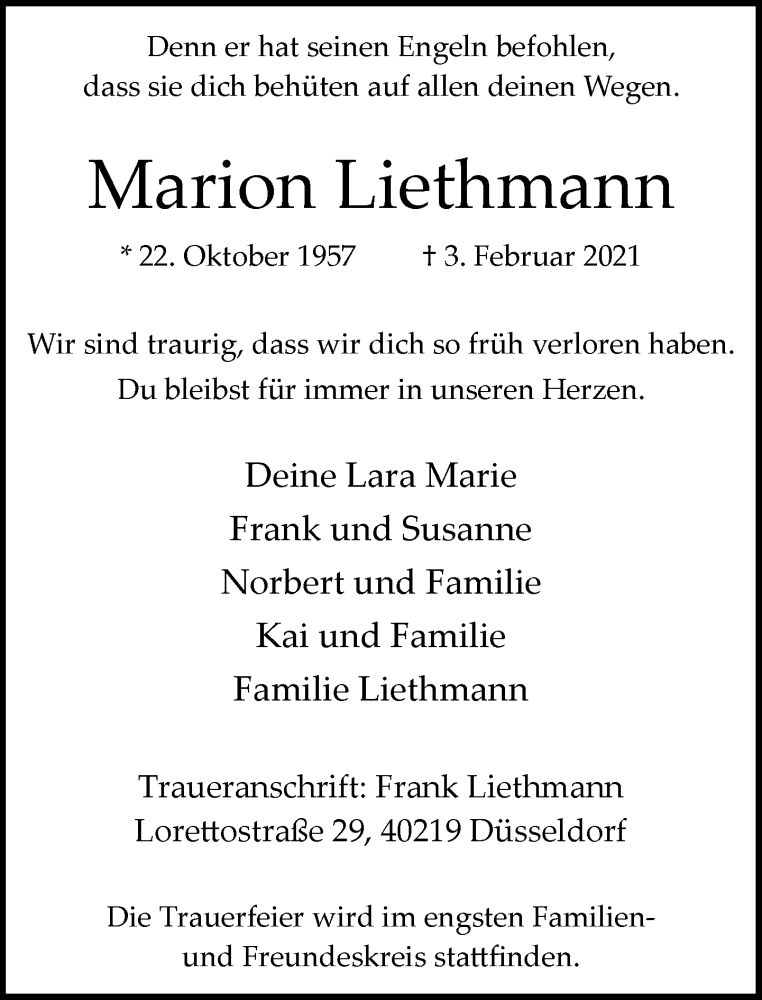  Traueranzeige für Marion Liethmann vom 06.02.2021 aus Rheinische Post