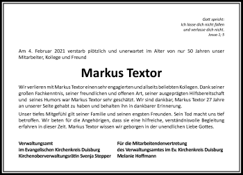 Traueranzeige von Markus Textor von Rheinische Post