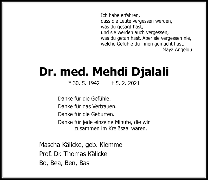  Traueranzeige für Mehdi Djalali vom 13.02.2021 aus Rheinische Post