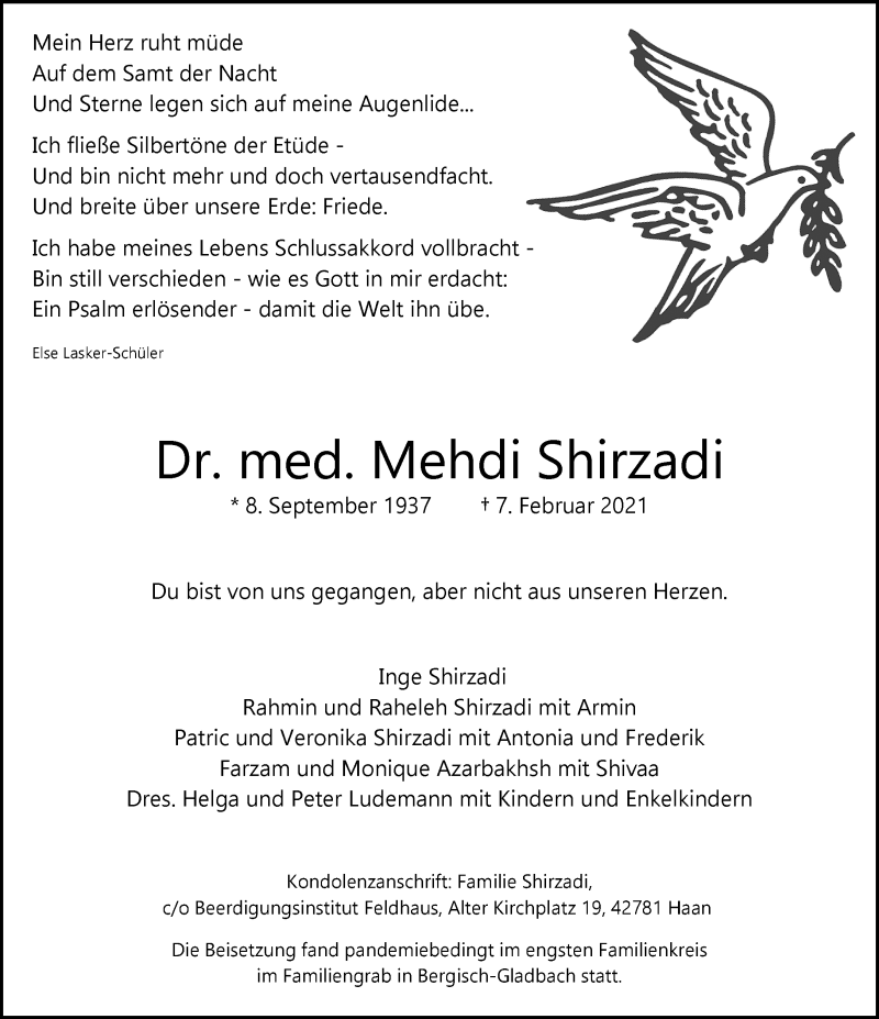  Traueranzeige für Mehdi Shirzadi vom 13.02.2021 aus Rheinische Post